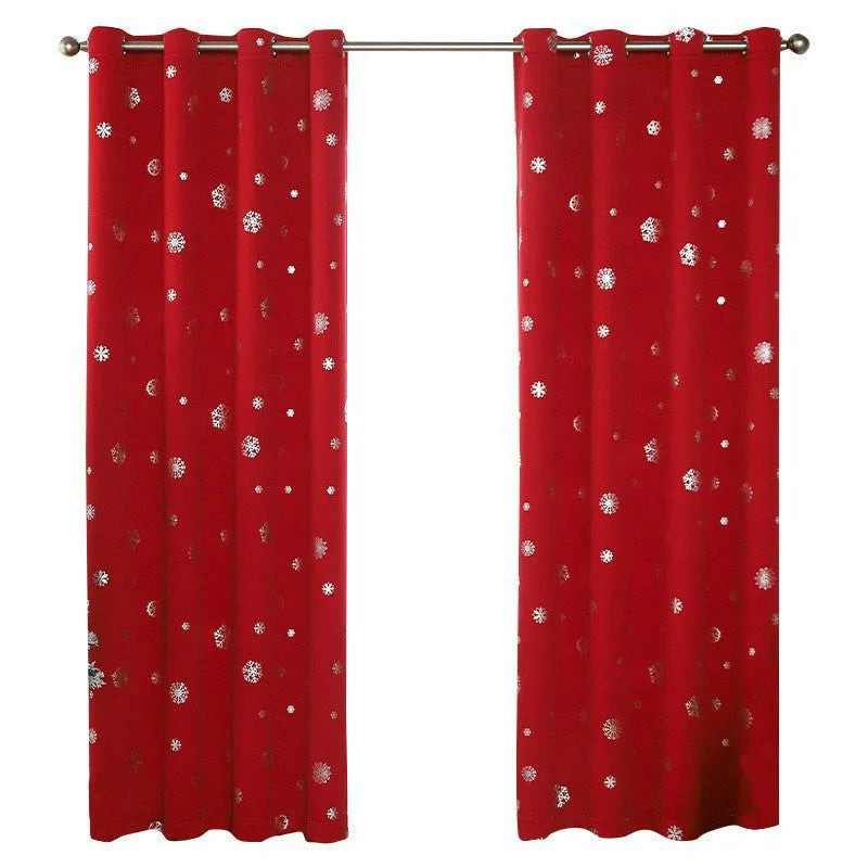 Snowflake pattern polyester shade cloth curtain hanging, showing solid fabric and modern design.