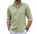 Men's grey long sleeve shirt with polo collar and lace-trimmed chest pocket on solid cotton blend fabric