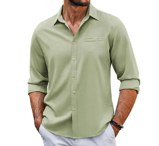 Men's grey long sleeve shirt with polo collar and lace-trimmed chest pocket on solid cotton blend fabric