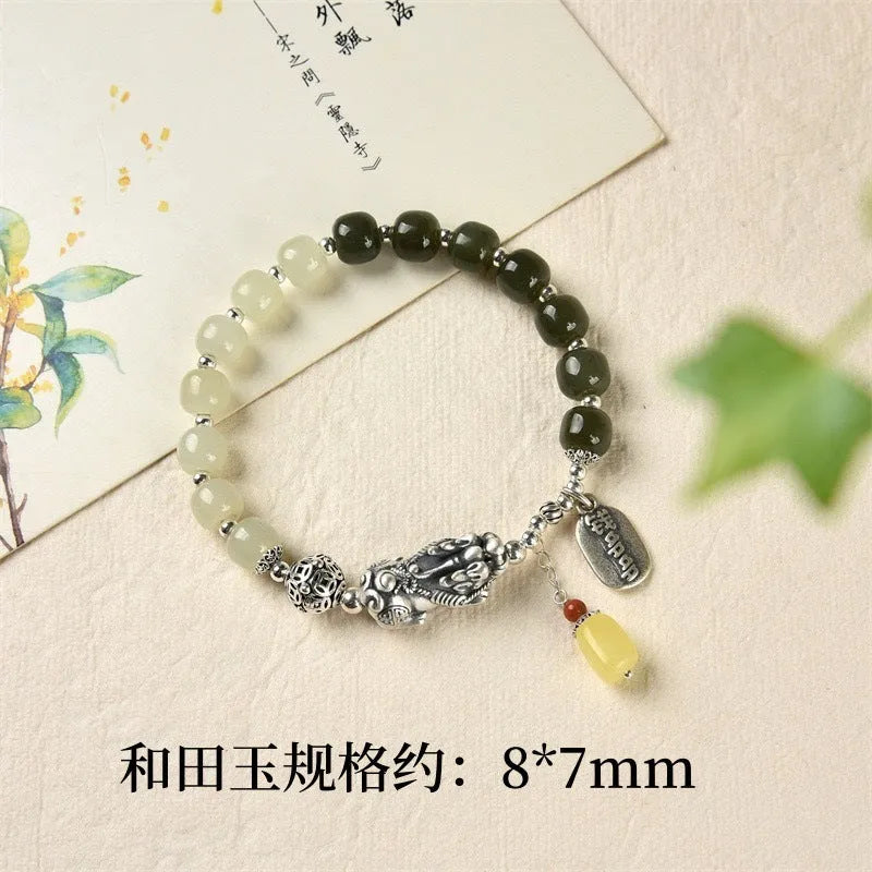 Retro women's pure silver coin bracelet with natural Hetian jade pendant, 8x7mm, handcrafted
