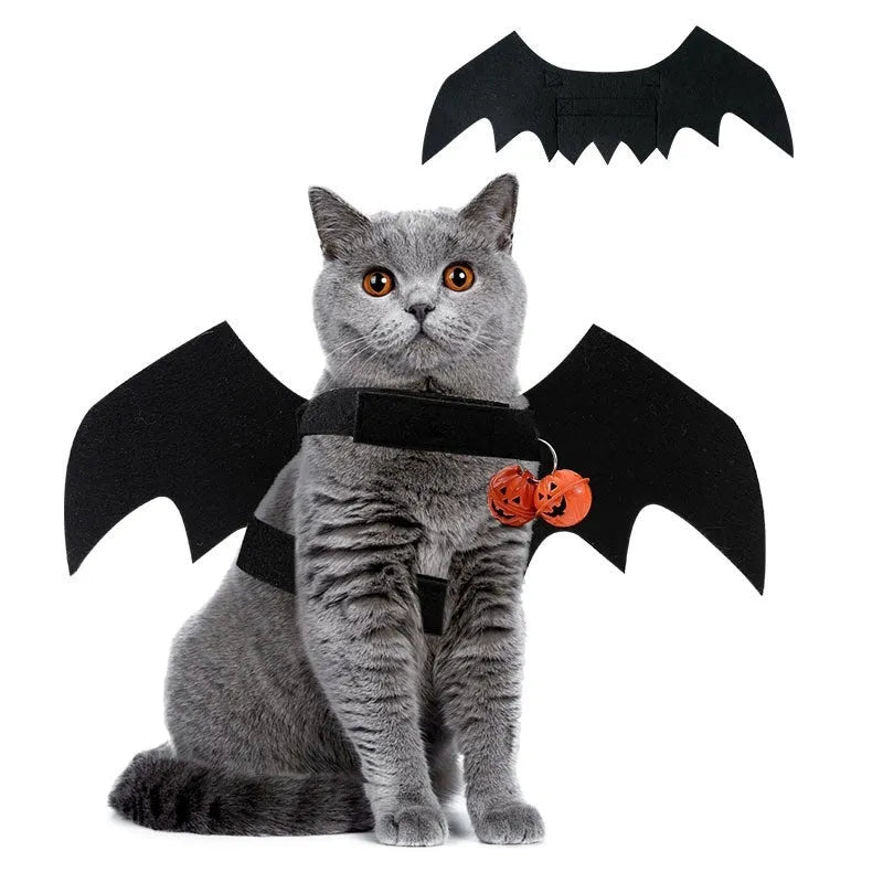 Black wings felt pet Halloween costume with bell on a small dog, available in sizes S M L