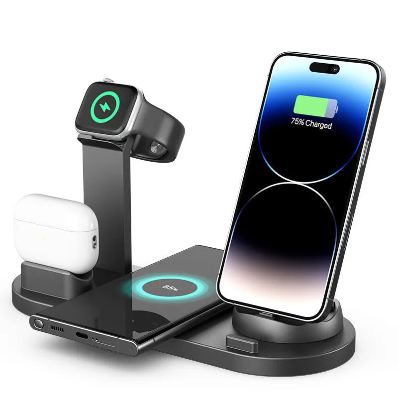 Black 15W wireless charging stand for phone headset and watch on a desk with a smartphone placed on the pad