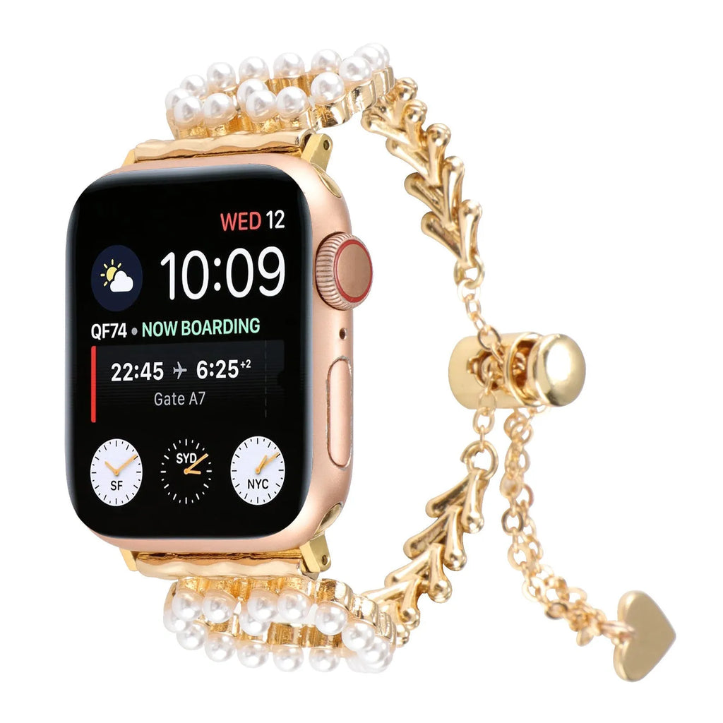 Pearl love necklace smart watch strap for Apple in simple metal style with decorative pearl accents