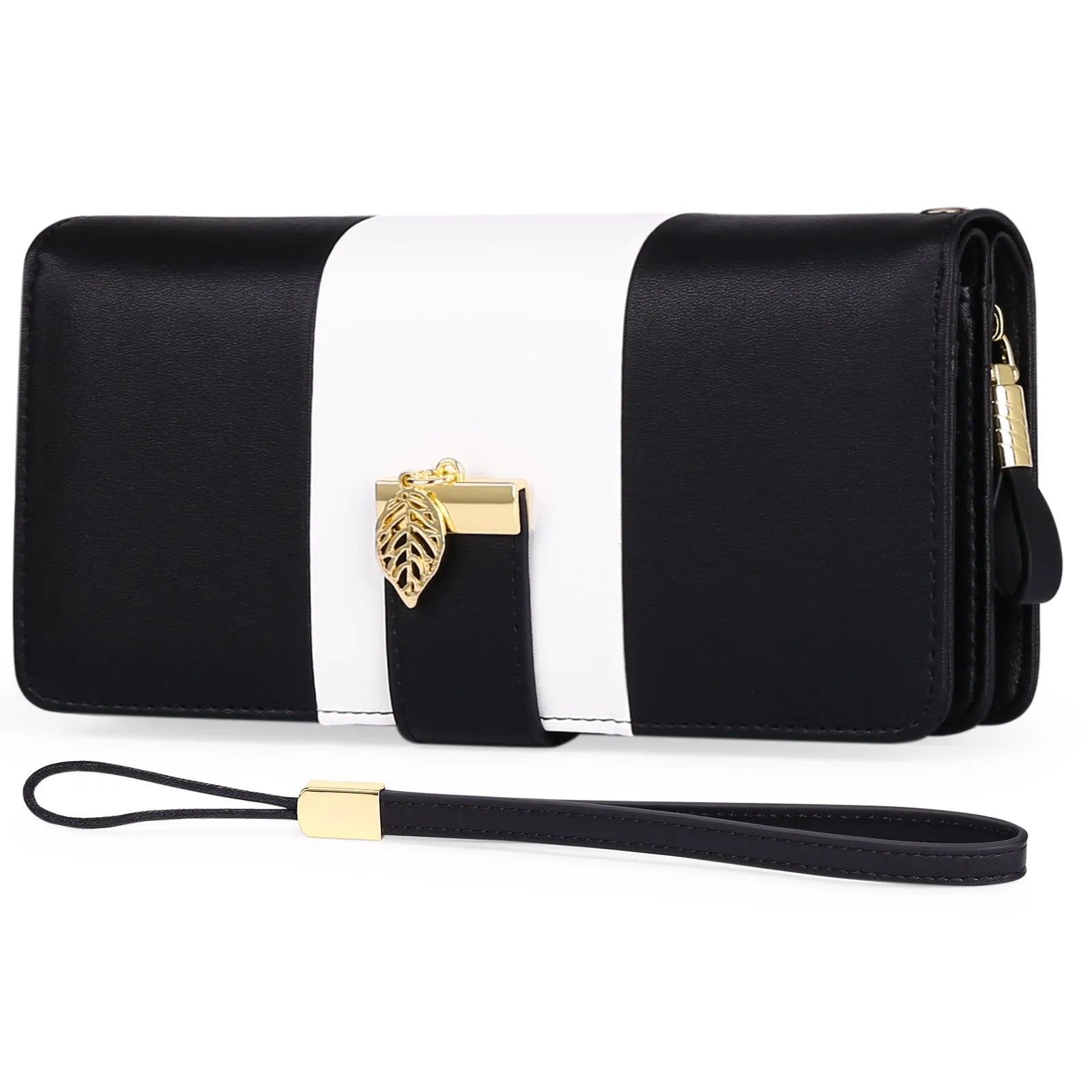 Anti-theft RFID clutch bag with locking clasp in black PU leather showing foldable design
