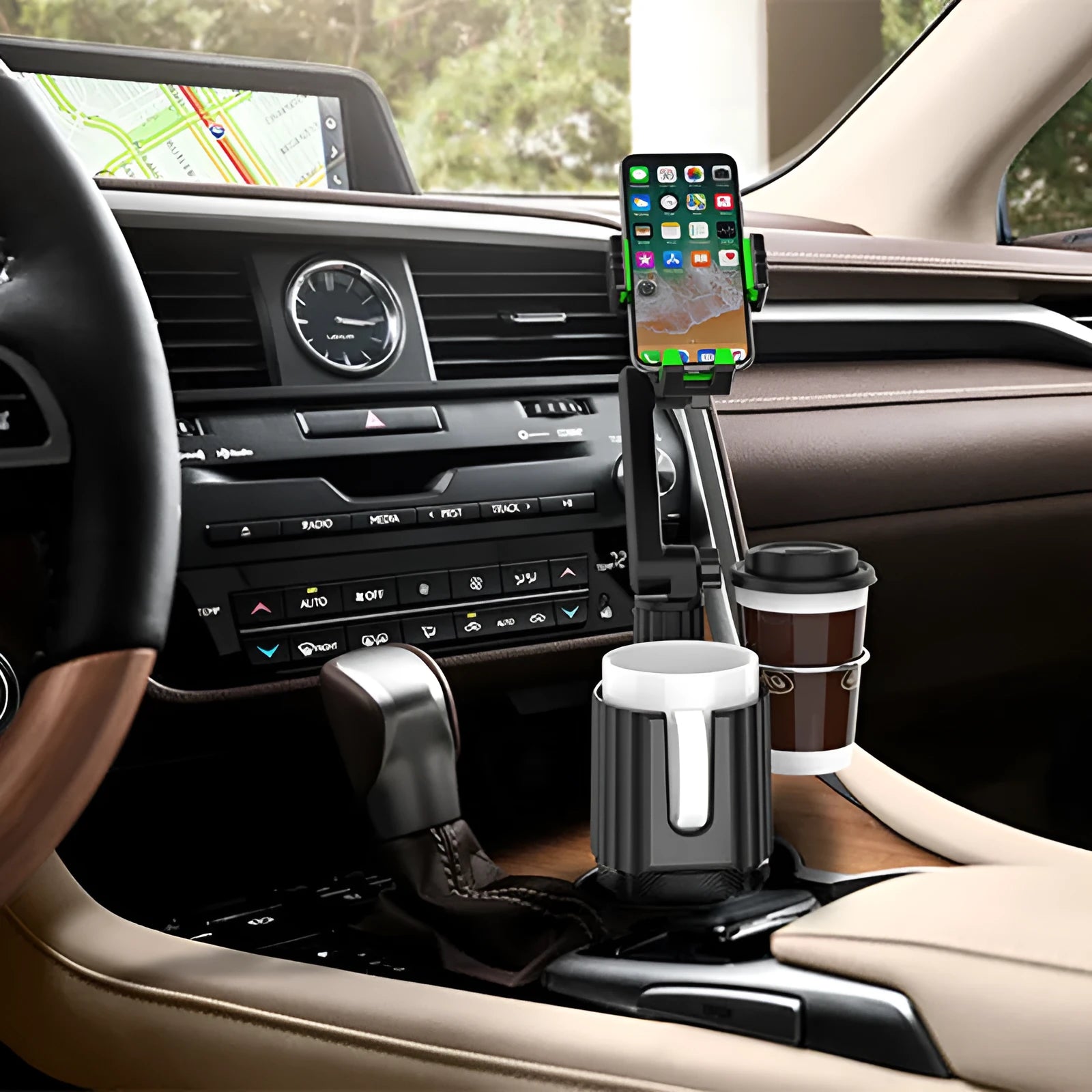 Green and grey car drink rack holder for bottles, cups and mobile phones