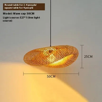 Bamboo woven hanging lamp with straw hat shape in natural rattan material