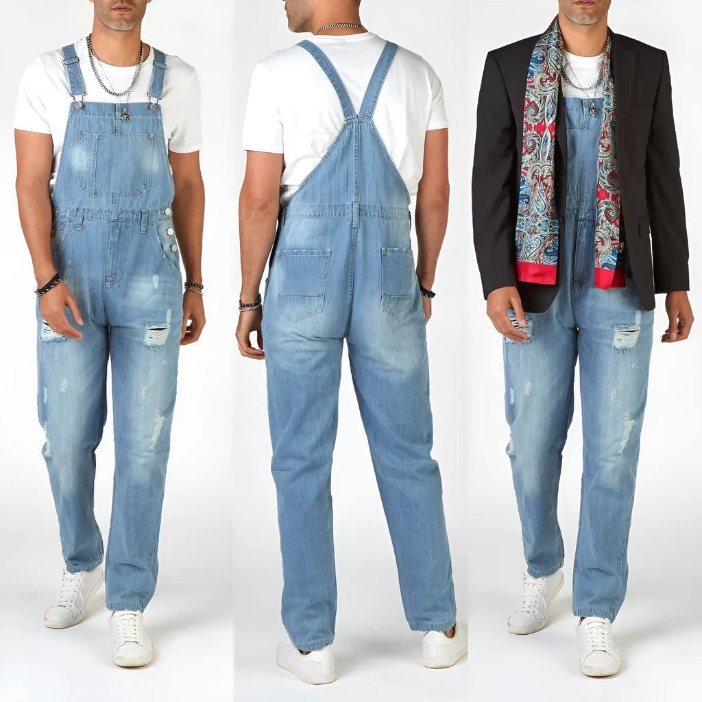 Men's high waist ripped suspender jeans in light blue polyester denim with button fly