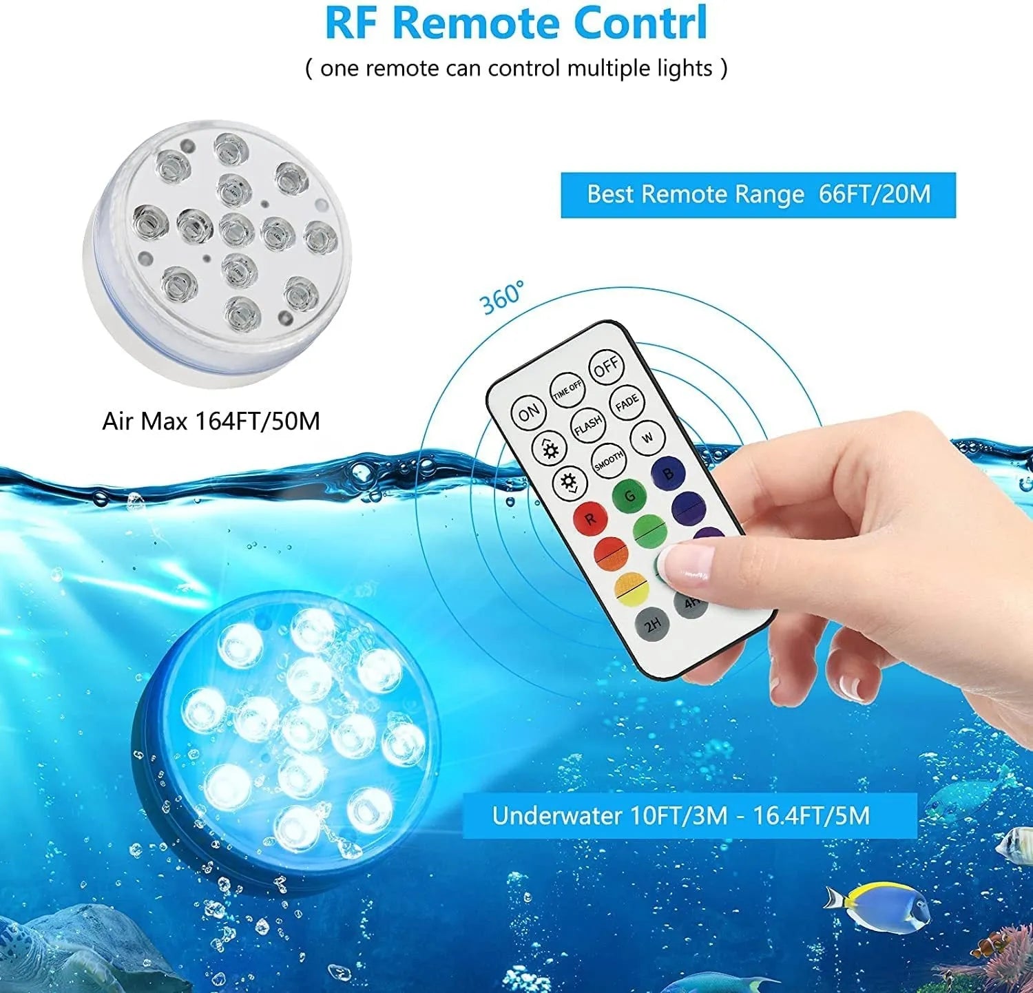 Remote control and white ABS colour changing diving light with IP68 rating for garden ponds.