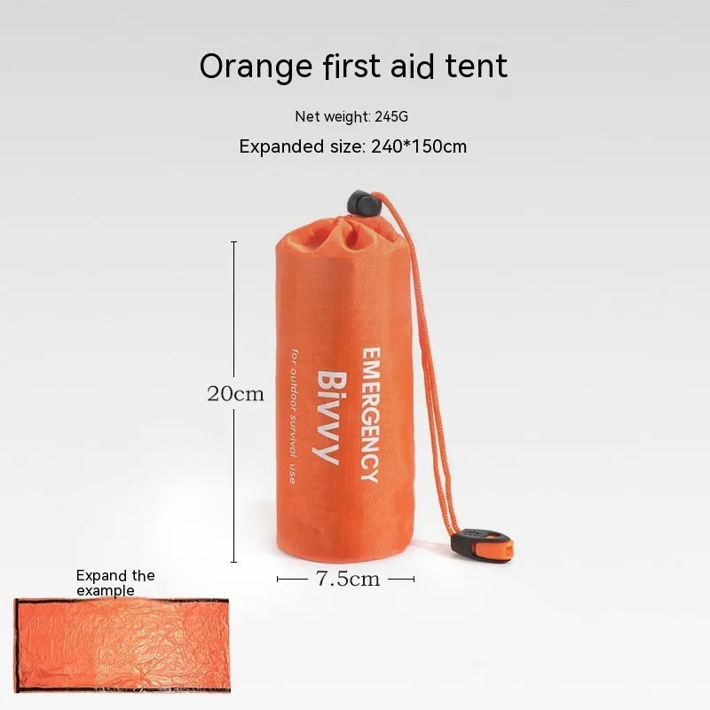 Portable orange disaster relief tent with sleeping bag and raincoat emergency shelter system