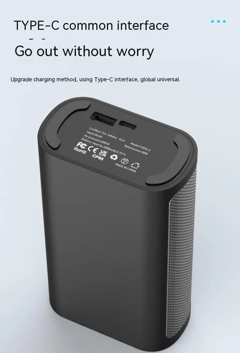 Wireless digital handheld tyre inflator pump with LCD display and multiple adapter attachments