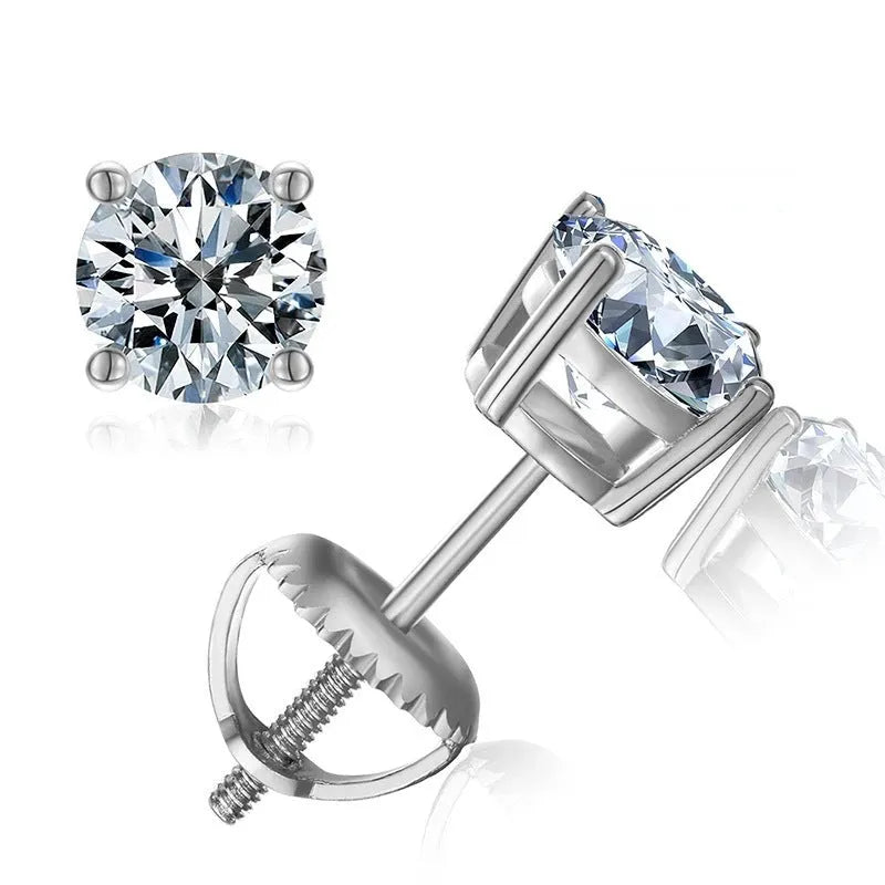 Screw back four claw moissanite stud earrings with geometric 7mm stone in sterling silver setting