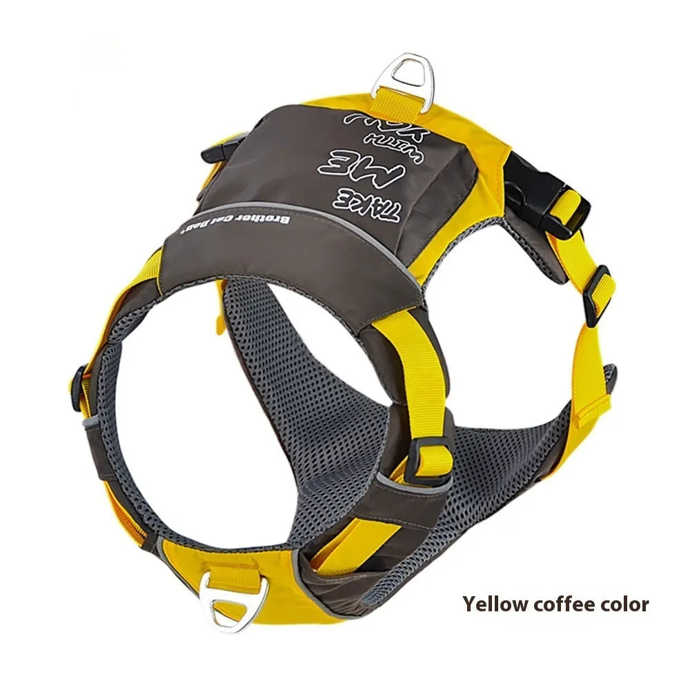 Orange blue nylon dog chest strap vest with hand rope leash shown on adjustable sizing