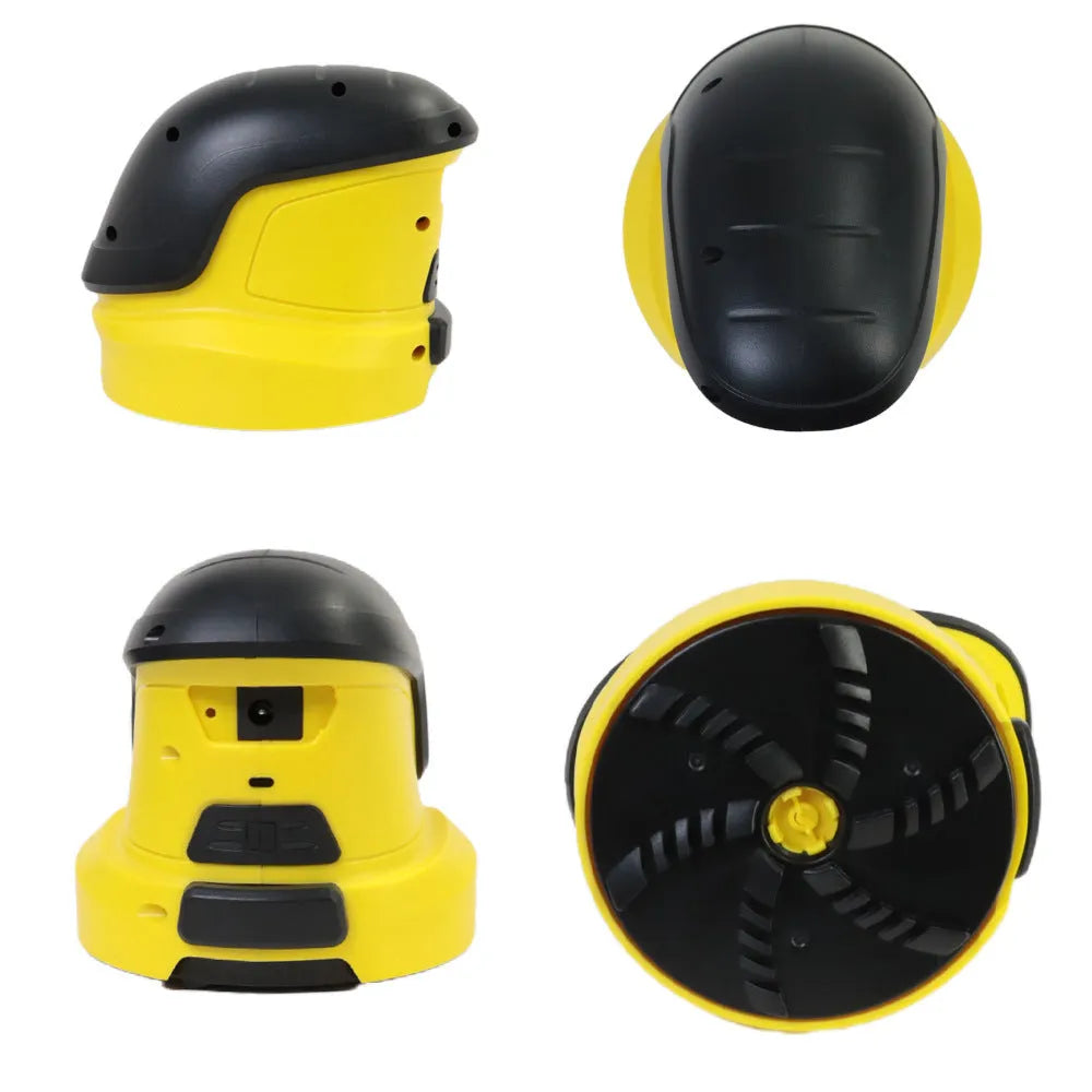 Yellow cordless electric car ice scraper with USB charging cable on a car windshield.