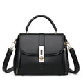 Women's soft PU leather messenger bag in square vertical design, shown in one of four colours: black, red, green, or blue.