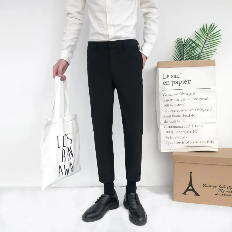 Men's cotton straight-leg trousers in black, with drawstring waist and straight leg opening
