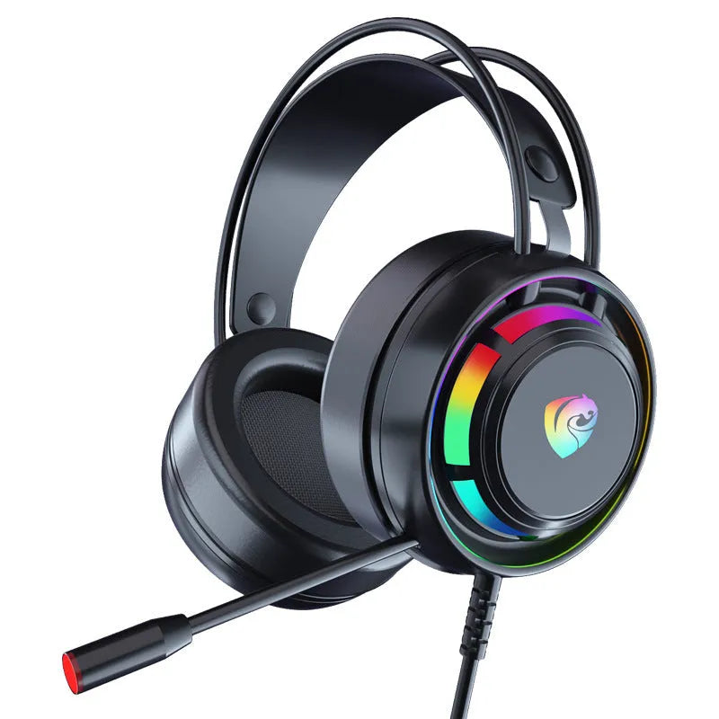 Black wired computer gaming headphones with microphone showing over-ear design and coiled cable