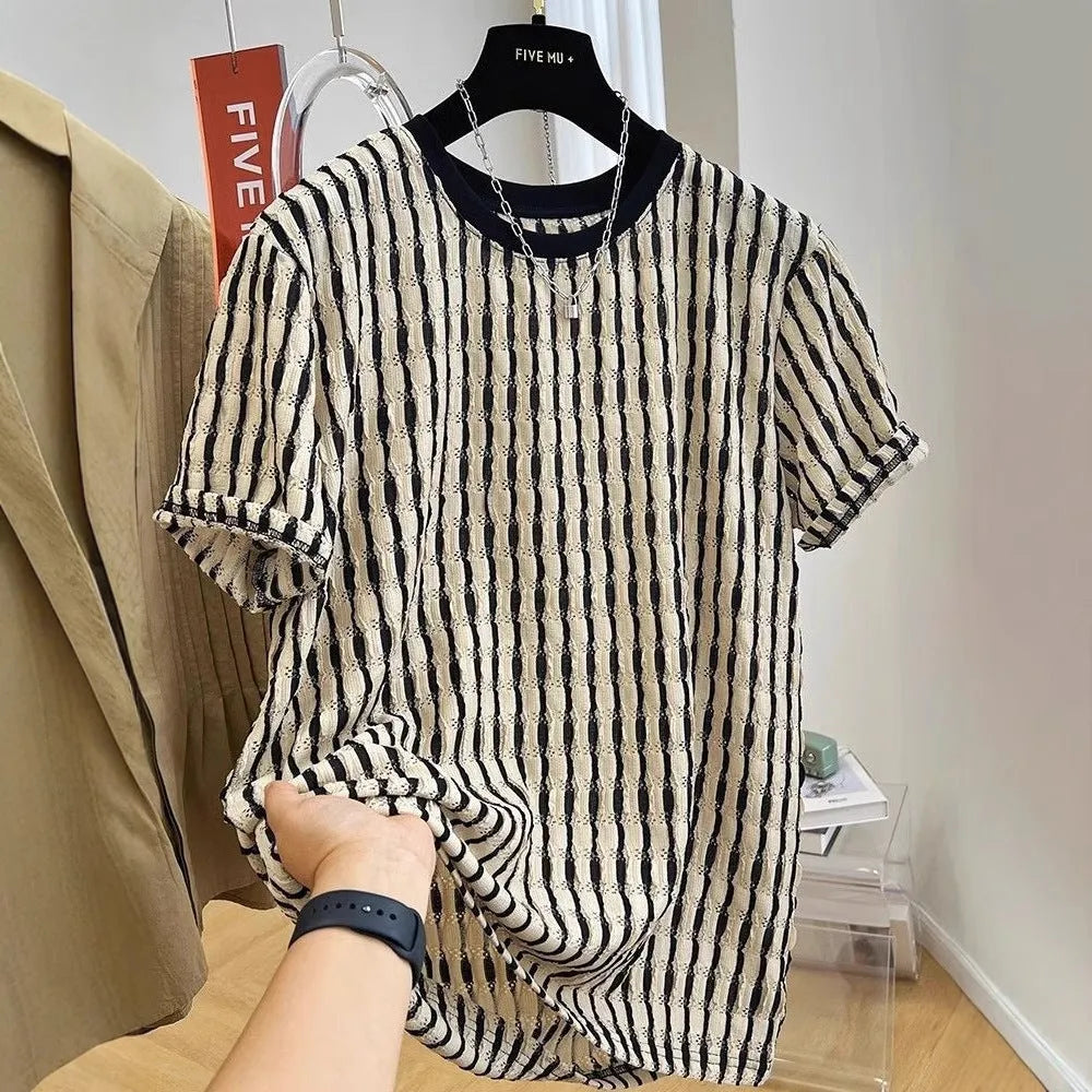 Men's black striped casual shirt with loose fit design and short sleeves in silk-linen blend fabric