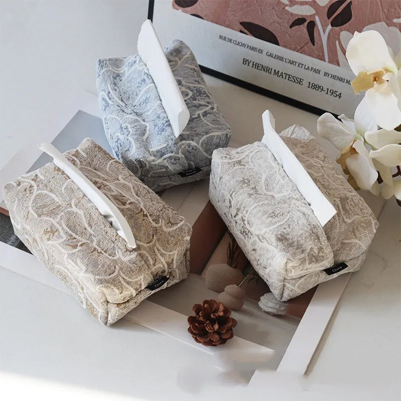 Chinese style flower tissue box with cotton fabric cover in beige, blue or brown.