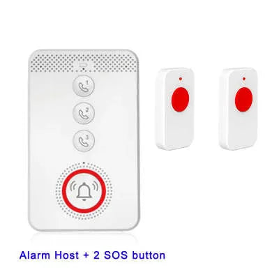White emergency alert system with one buzzer unit and three portable emergency button transmitters