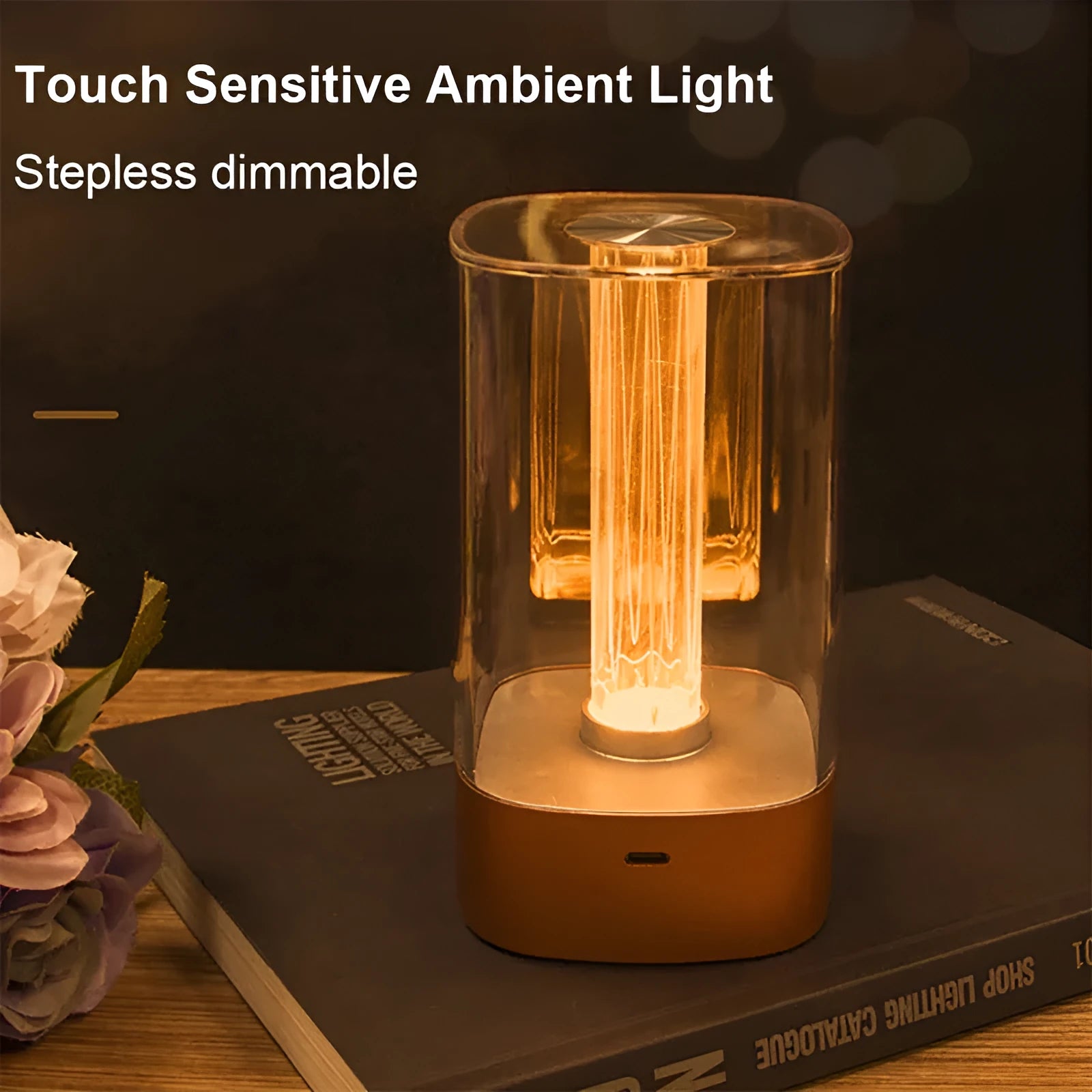 Rose gold LED touch atmosphere light with Auspicious Cloud pattern on a bedside table, USB charging cable included