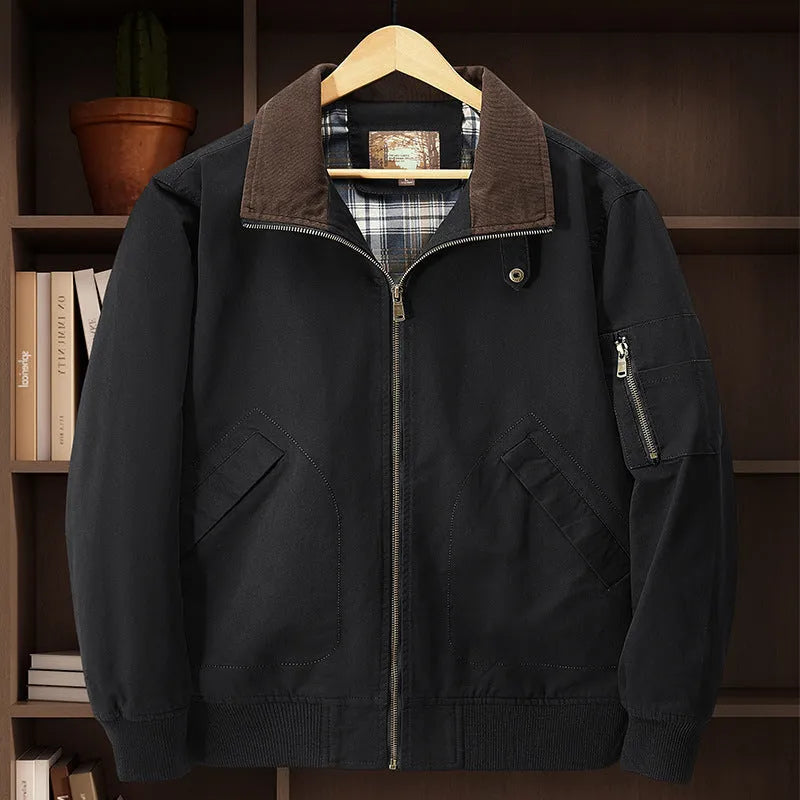 Men's camel washed cotton baseball jacket with a zip front and ribbed cuffs.