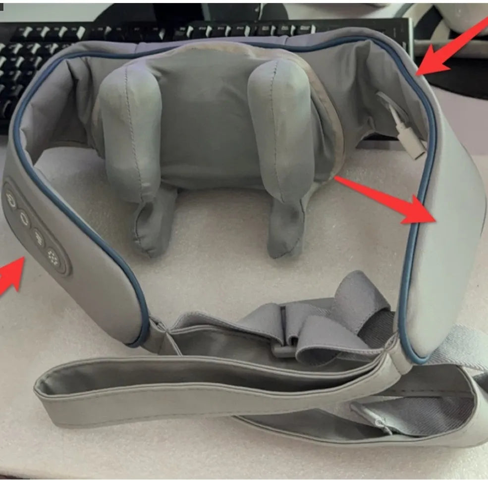 Gray multifunctional neck back waist massager with elastic fabric and infrared physiotherapy features