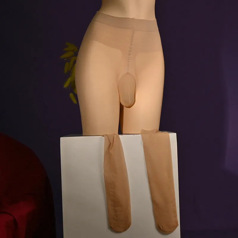 Men's cat scratch-resistant 30D transparent acrylic stockings in jumpsuit length, thin sheer tights for pet protection