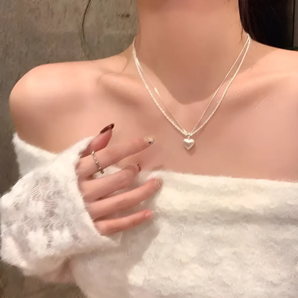 Double-layer brushed heart pendant necklace for women, white copper plated thick silver chain adjustable 41-50cm