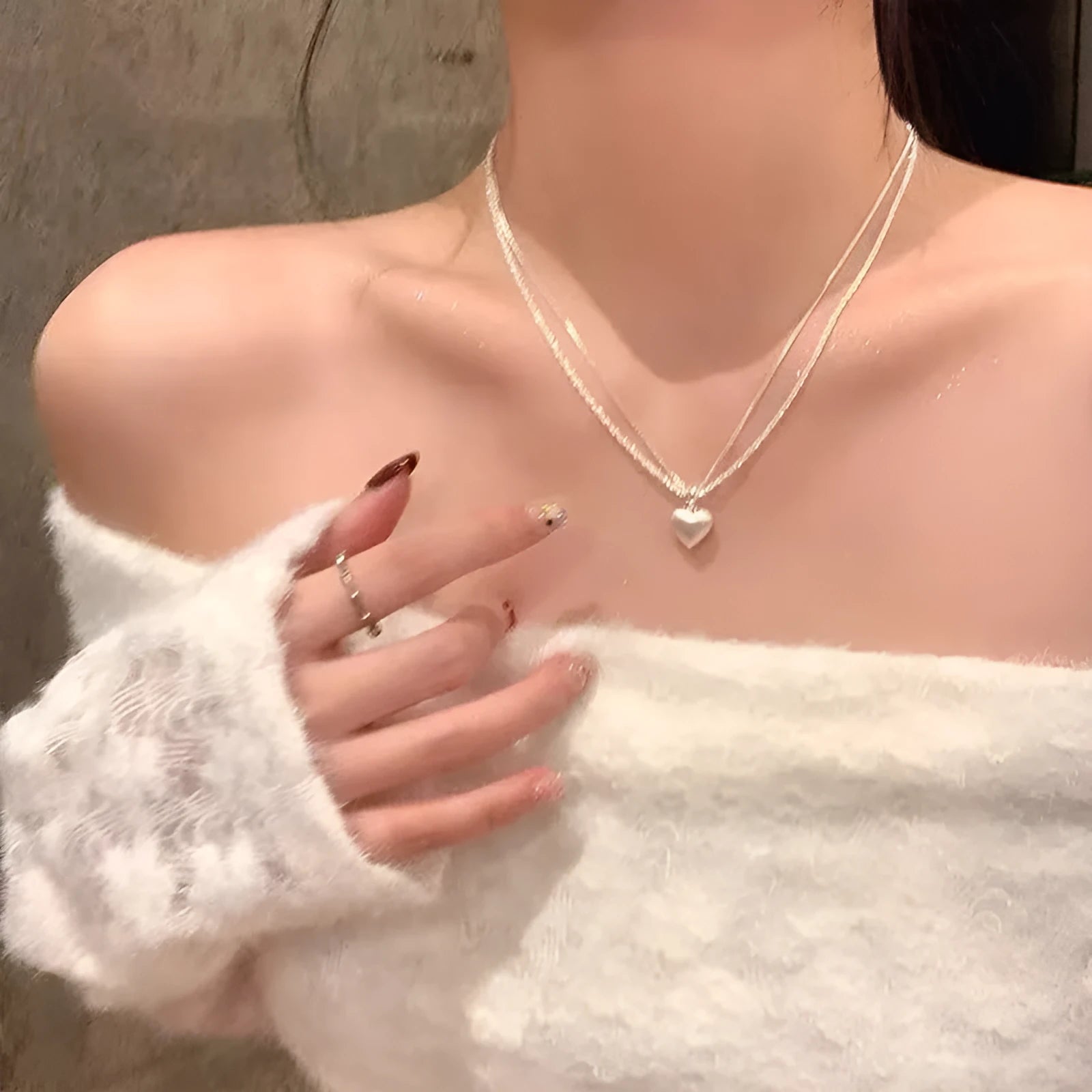 Double-layer brushed heart pendant necklace for women, white copper plated thick silver chain adjustable 41-50cm