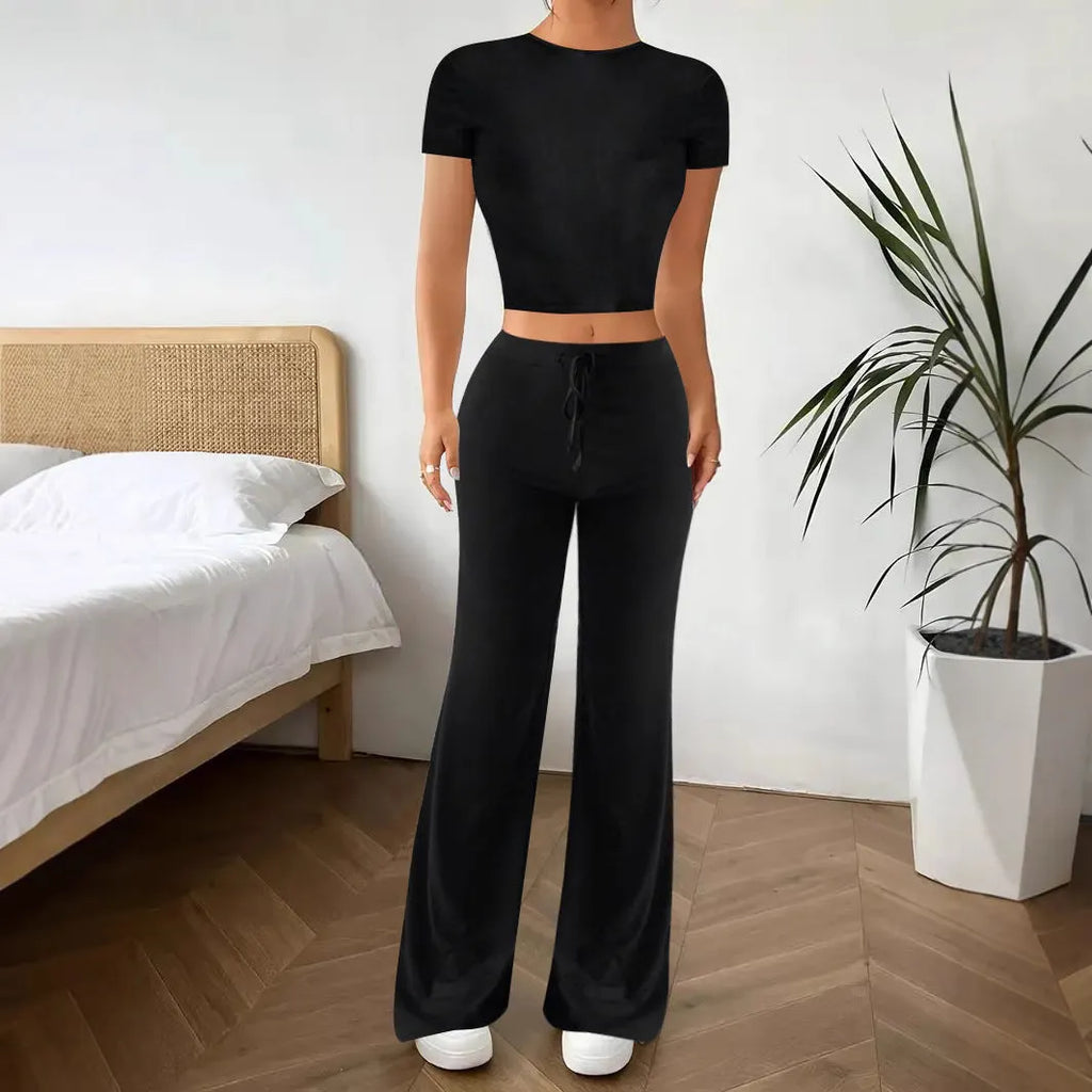 Black high waist trousers and short sleeve t-shirt women's suit set
