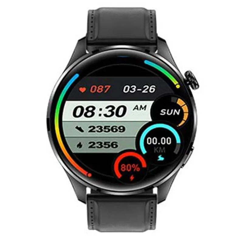 Smartwatch with round colour screen and black silicone strap showing Bluetooth calling interface.