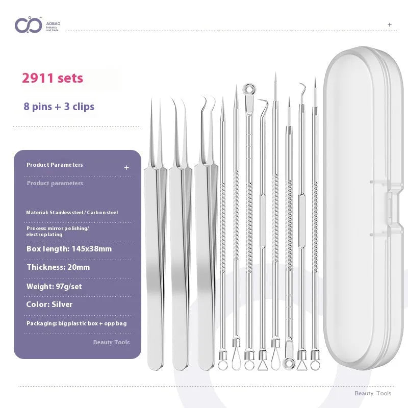 Four silver metal acne needles with ultra-fine points for blackhead removal.