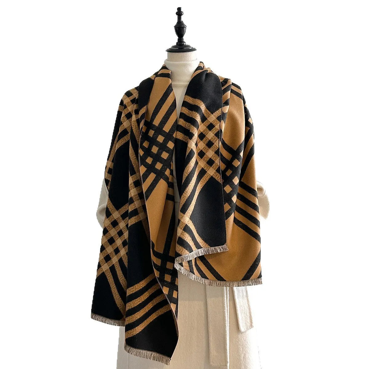 Qianjin imitation cashmere scarf in brown with tassel detailing, 185cm long and 65cm wide