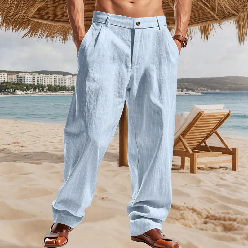 Men's linen striped high waist wide leg trousers in light khaki, front view