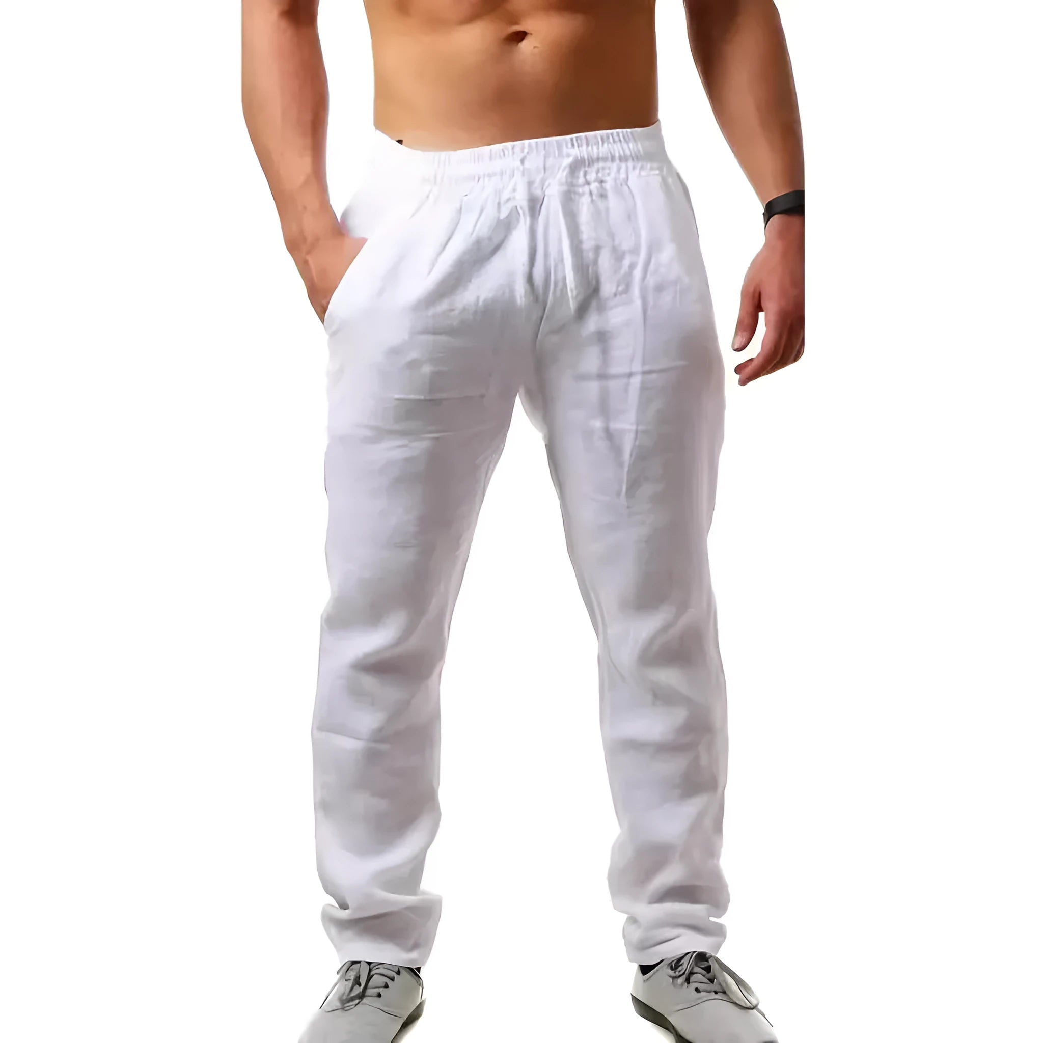 Men's cotton and linen loose beach trousers in solid khaki colour