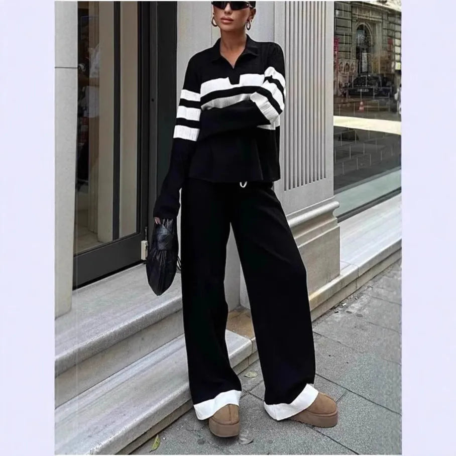 Women's black and white striped knitted polo collar shirt with matching trousers two-piece set