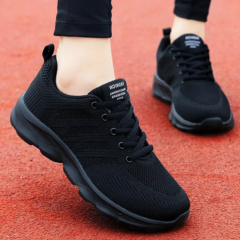 Women's mesh breathable leisure jogging work travel shoes with round head and front lace-up in white black black rose red