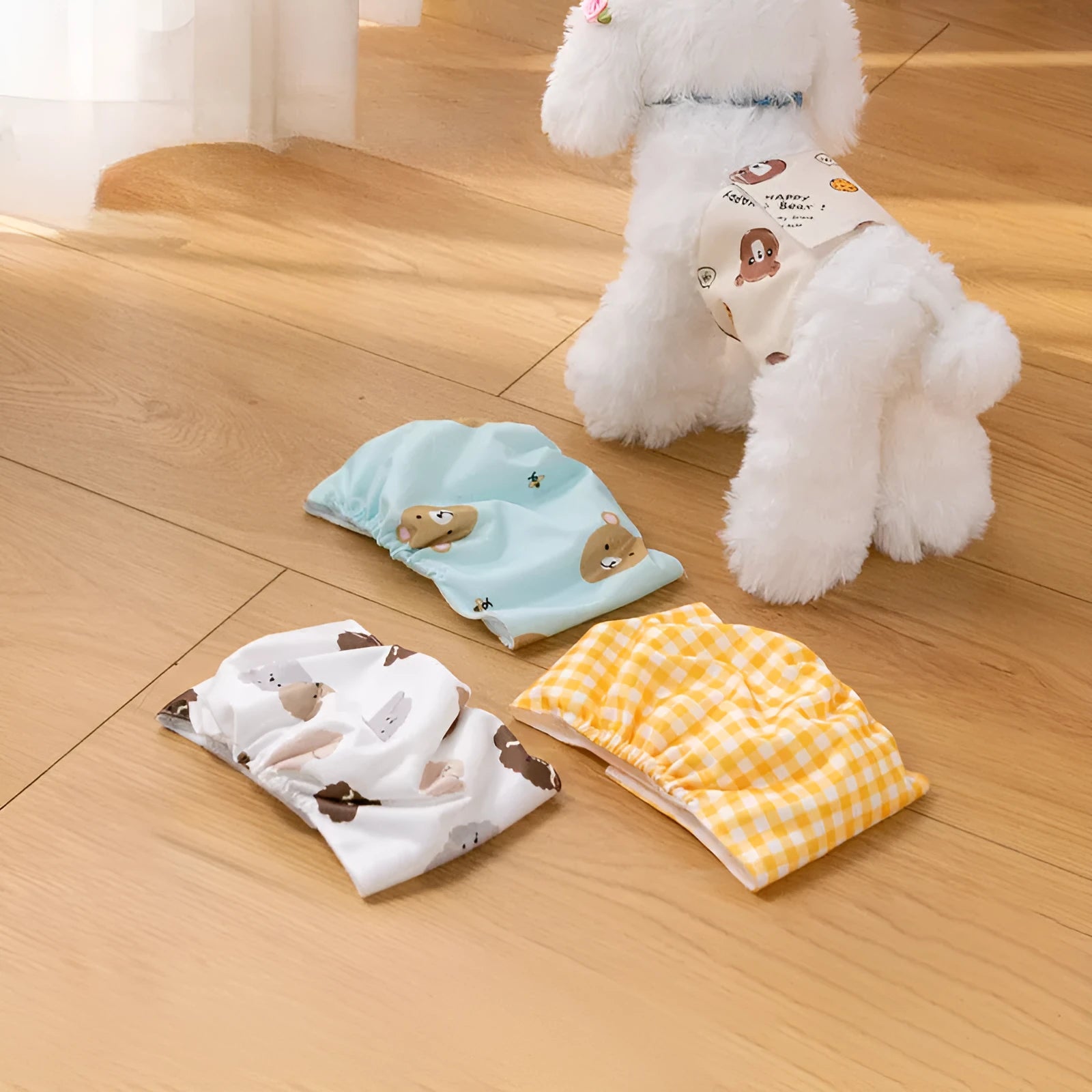 Pet sanitary pant reusable dog nappy with fastener tape and elastic waistband in blue bear pattern