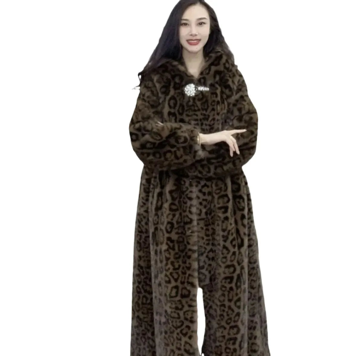 Long brown leopard print faux fur coat on a model, showing its loose fit and 100cm length.