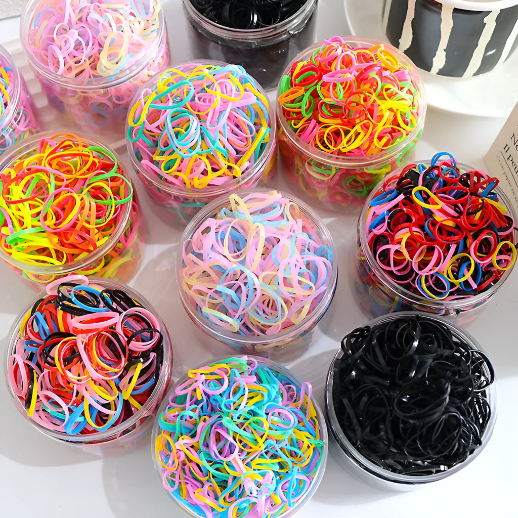 Multi-colour TPU baby hair ties in a reusable container for toddler fine hair, 300 piece pack