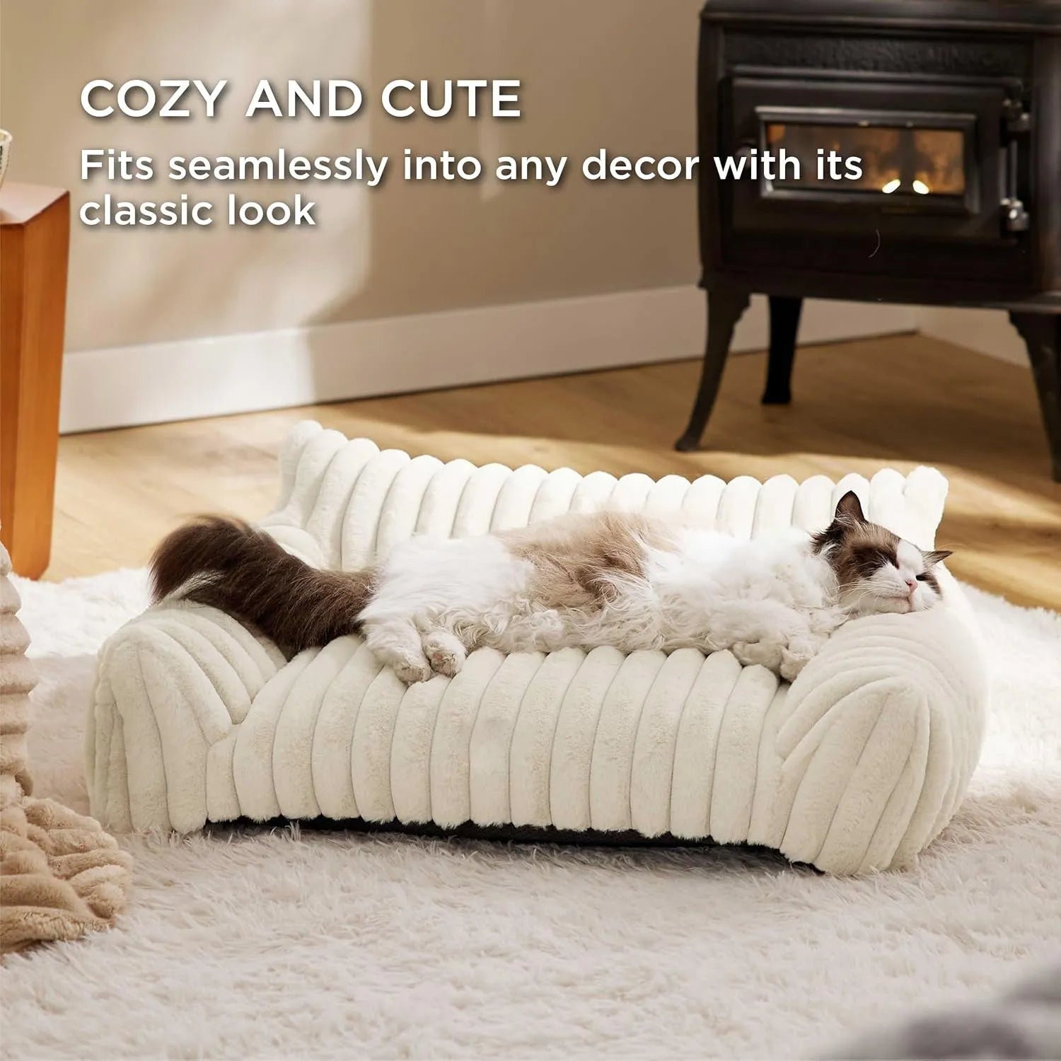 Bedsure fluffy cat couch for indoor cats with three-sided backrest and soft corduroy fleece cover in beige