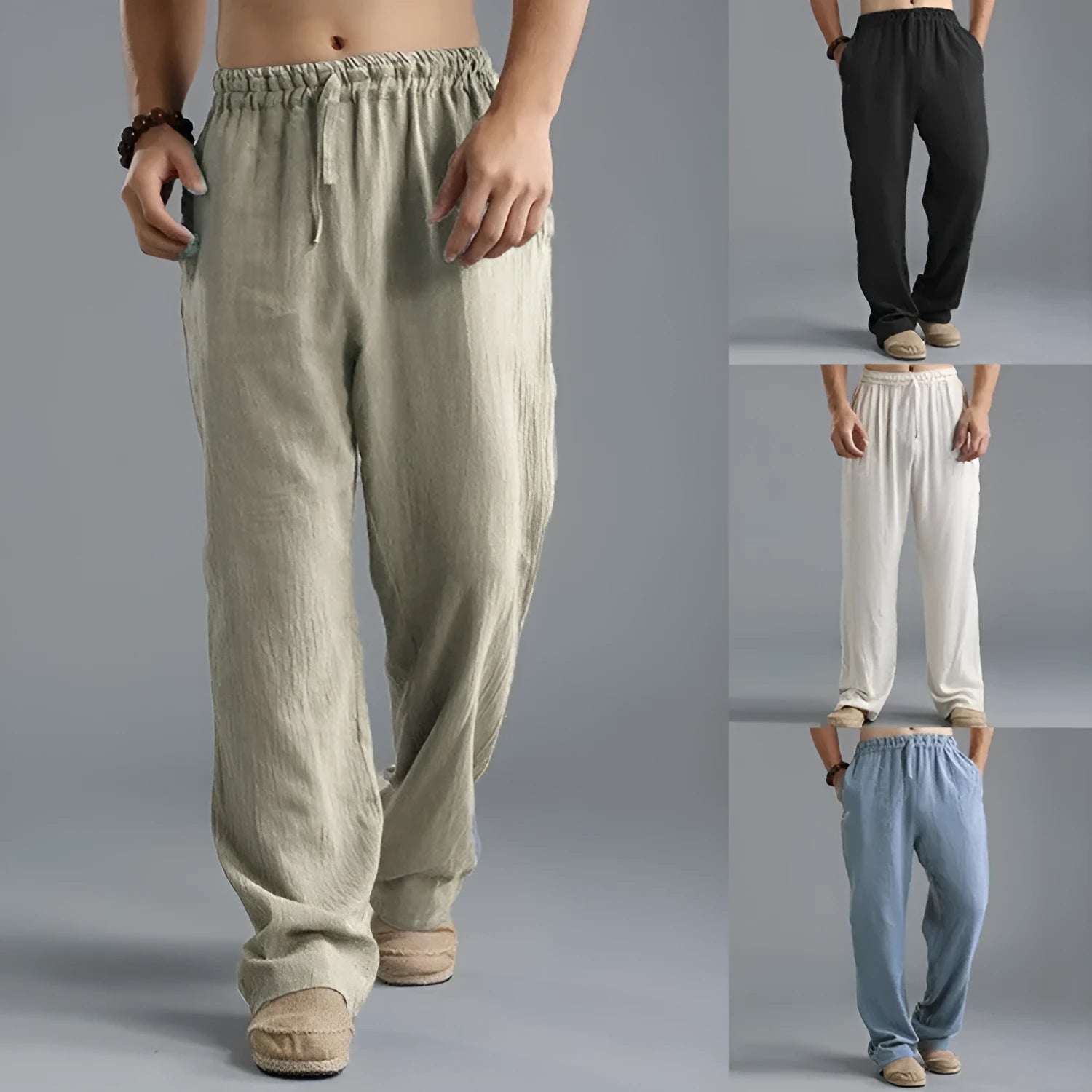 Men's breathable linen loose casual sports pants in khaki with elastic waistband, available in sizes S to 5XL