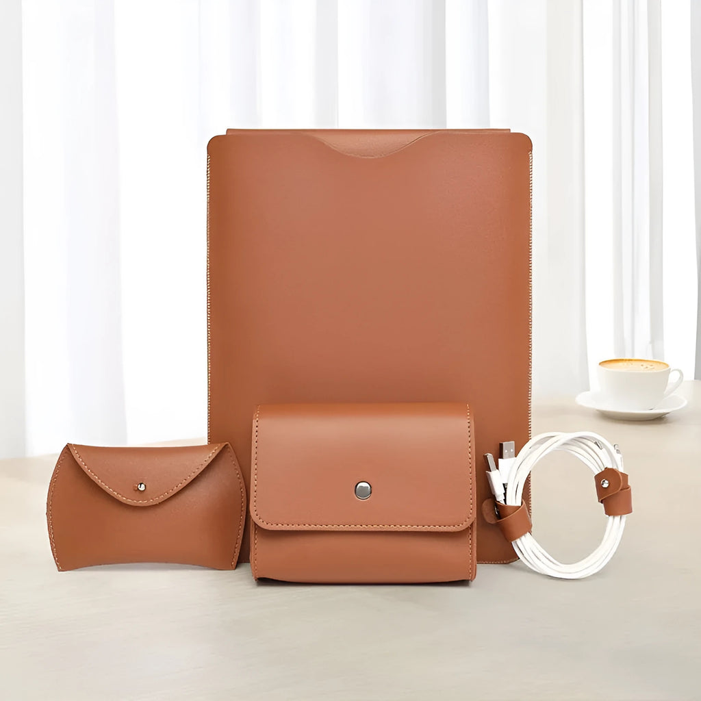 Four-piece set of leather laptop edge protectors in apricot, brown, gray and light pink colours
