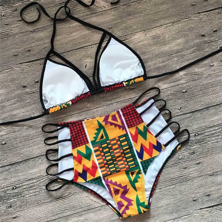 Women's digital print bikini with high-waisted briefs and backless design for swimming sports