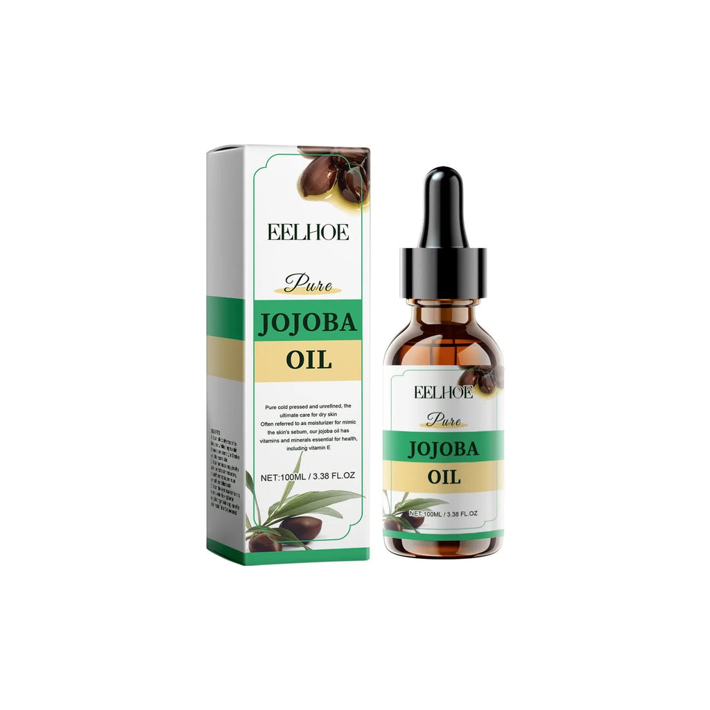 Amber glass bottle of 100ml organic jojoba oil facial treatment with vitamin E and orange extract.