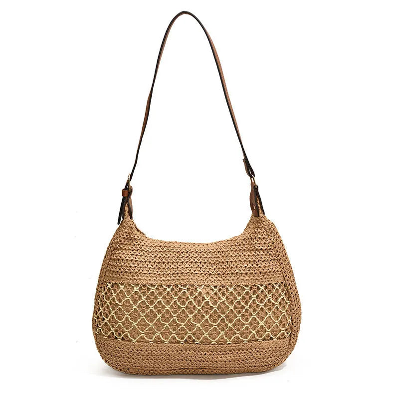 Women's casual straw cross body bag in khaki colour with a cross body strap and outer pocket.
