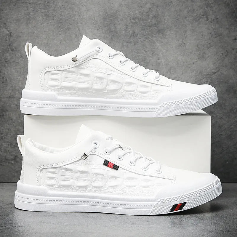 White men's casual sneakers with lace-up closure, rubber sole, and round toe cap on a plain background