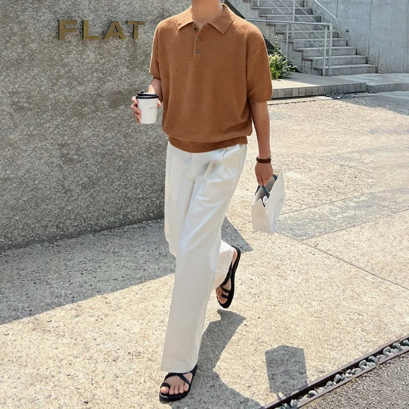 Men's caramel retro knitted polo shirt with asymmetric design details and short sleeves