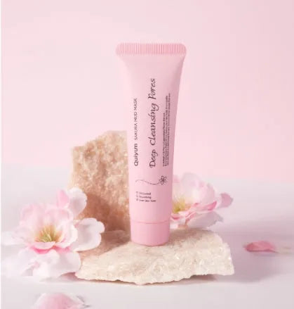 Cherry blossom mud mask 30g packaging with facial mask application for cleansing and hydrating skincare