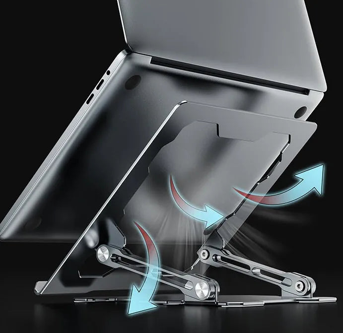 Aluminum adjustable and foldable laptop stand in grey on a desk.
